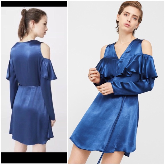 Blue Satin Romantic Off Shoulder Dress - Picture 2 of 4